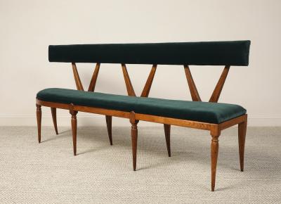 Italian Walnut Carved Settee Bench with Velvet Seat circa 1950