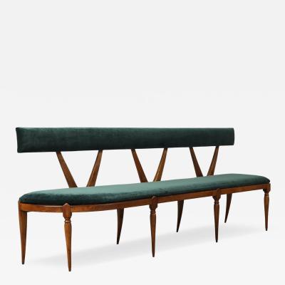 Italian Walnut Carved Settee Bench with Velvet Seat circa 1950