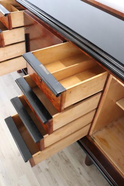 Italian Walnut Long Sideboard with Glass Top of the period Art Deco