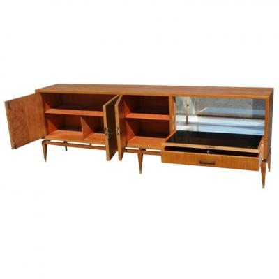 Italian Walnut and Brass Buffet Sideboard With Bar