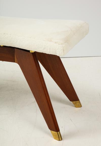 Italian Walnut and Brass Long Bench with Shaped Upholstered Seat
