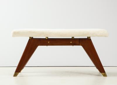 Italian Walnut and Brass Long Bench with Shaped Upholstered Seat