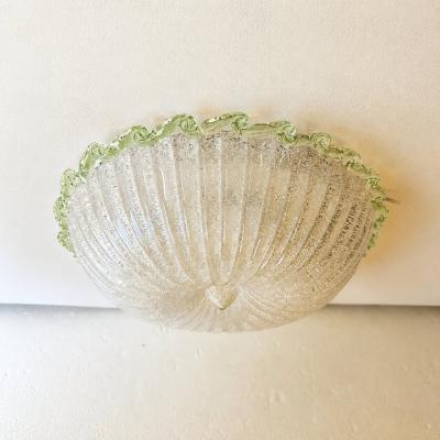 Italian White Graniglia Budino Murano Glass Flush Mount With Green Trimming