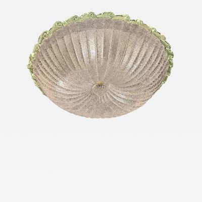 Italian White Graniglia Budino Murano Glass Flush Mount With Green Trimming