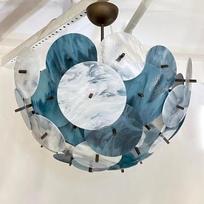 Italian White Teal Turquoise Blue Murano Glass Sputnik Half Dome Chandelier