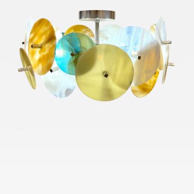 Italian Yellow White Blue Pastel Murano Glass Nickel Circular Sputnik Chandelier