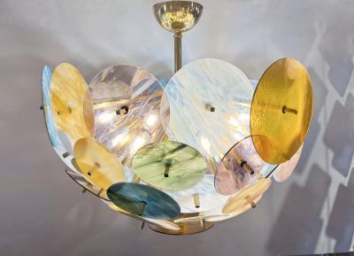 Italian Yellow White Pink Aqua Blue Pastel Murano Glass Brass Sputnik Chandelier