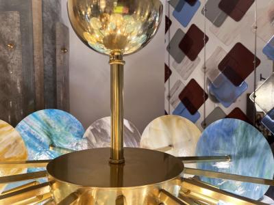 Italian Yellow White Pink Aqua Blue Pastel Murano Glass Brass Sputnik Chandelier