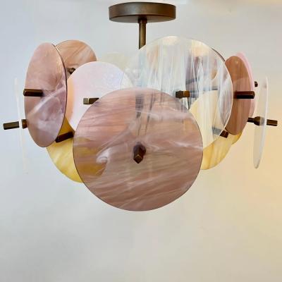 Italian Yellow White Pink Pastel Murano Glass Bronze Circular Sputnik Chandelier