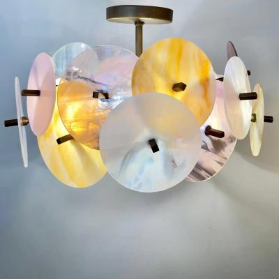 Italian Yellow White Pink Pastel Murano Glass Bronze Circular Sputnik Chandelier