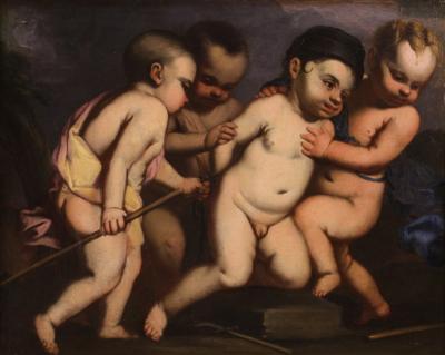 Italian antique painting cherub games from the 17th century