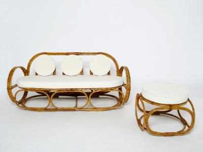 Italian bamboo sofa and stool with French boucl fabric early 1960s