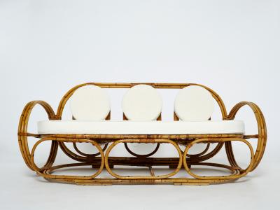 Italian bamboo sofa and stool with French boucl fabric early 1960s