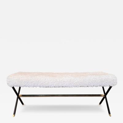 Italian bench in enamel black metal brass with fur upholstery 