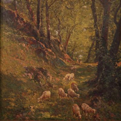 Italian landscape painting with sheep signed C Bentivoglio