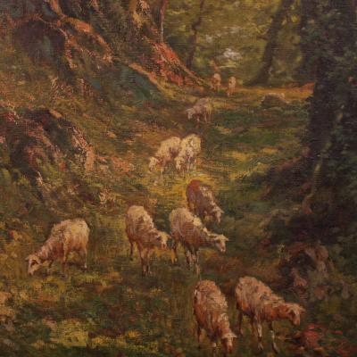 Italian landscape painting with sheep signed C Bentivoglio