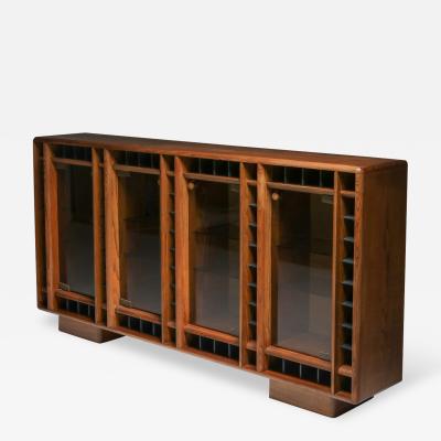 Italian oak sideboard with glass doors and space for bottles 1970s
