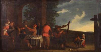 Italian painting Bamboccianti genre scene from the 17th century