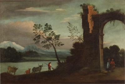 Italian painting landscape with characters and ruins from 18th century