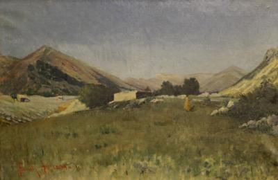 Italian painting landscape with hunter dated 1899