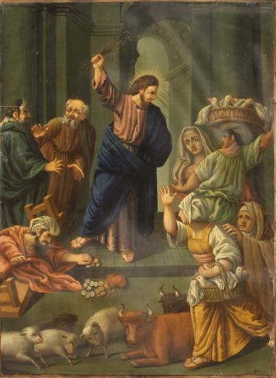 Italian painting oil on copper Expulsion of merchants from the temple