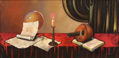 Italian painting still life with musical instruments from the 20th century