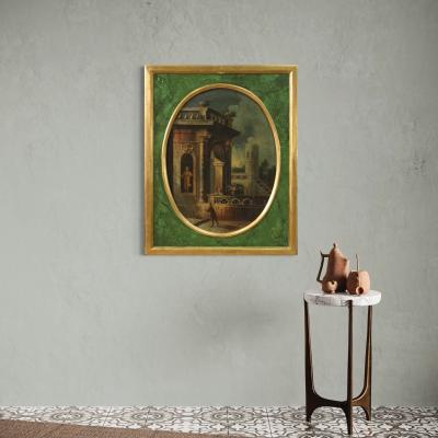 Italian painting view with architectures and characters from 18th century