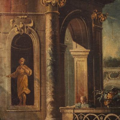 Italian painting view with architectures and characters from 18th century