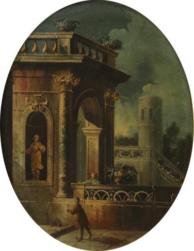 Italian painting view with architectures and characters from 18th century