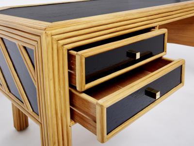 Italian rattan black painted wood brass handles executive desk 1970s