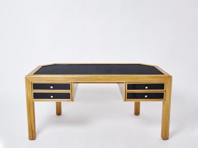 Italian rattan black painted wood brass handles executive desk 1970s