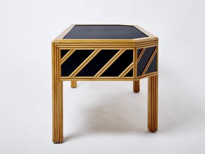 Italian rattan black painted wood brass handles executive desk 1970s