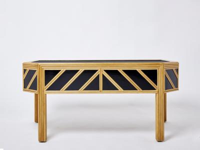 Italian rattan black painted wood brass handles executive desk 1970s