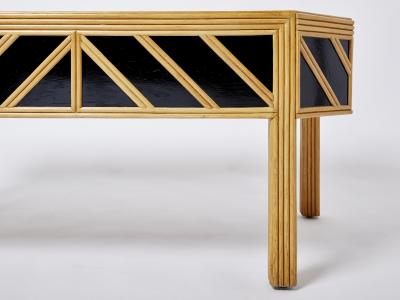 Italian rattan black painted wood brass handles executive desk 1970s