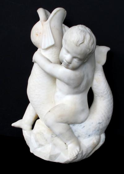 Italian rococo revival carrara marble niche fountain of a putti and dolphin