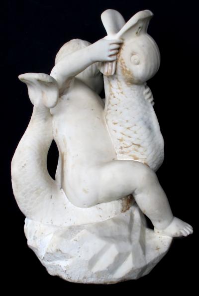 Italian rococo revival carrara marble niche fountain of a putti and dolphin