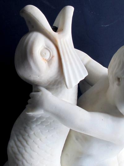 Italian rococo revival carrara marble niche fountain of a putti and dolphin