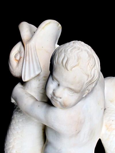 Italian rococo revival carrara marble niche fountain of a putti and dolphin