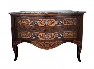 Italian rococo serpentine form 2 drawer inlaid chest with marble top
