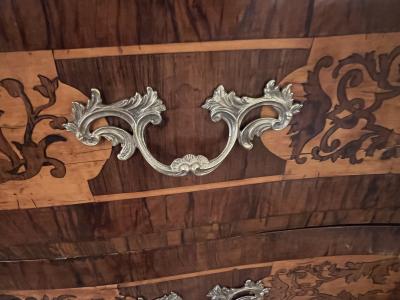 Italian rococo serpentine form 2 drawer inlaid chest with marble top