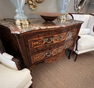 Italian rococo serpentine form 2 drawer inlaid chest with marble top