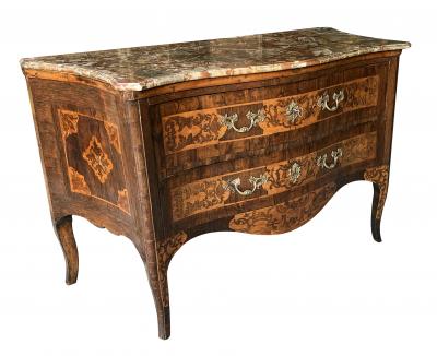 Italian rococo serpentine form 2 drawer inlaid chest with marble top