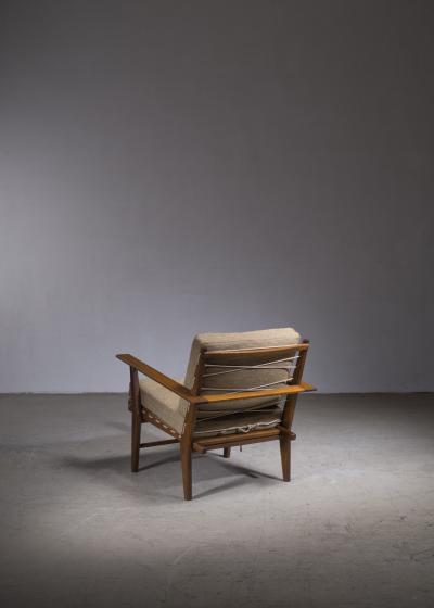 Italian rope chair in solid teak with new green wool upholstery