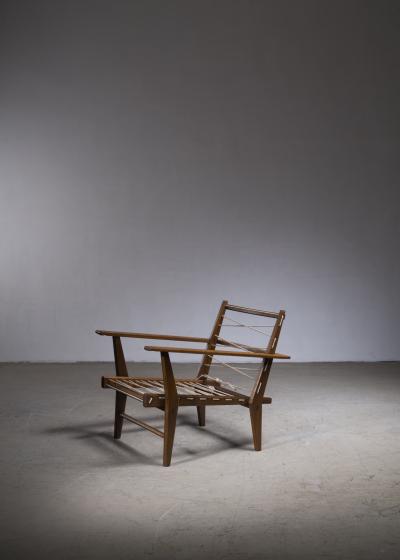 Italian rope chair in solid teak with new green wool upholstery