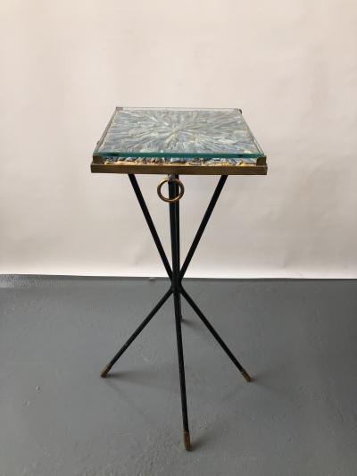 Italian side table bronze details supporting a blue Kyantine stone top