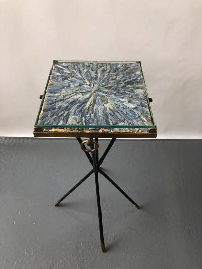 Italian side table bronze details supporting a blue Kyantine stone top