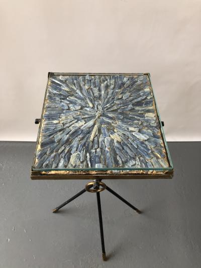 Italian side table bronze details supporting a blue Kyantine stone top