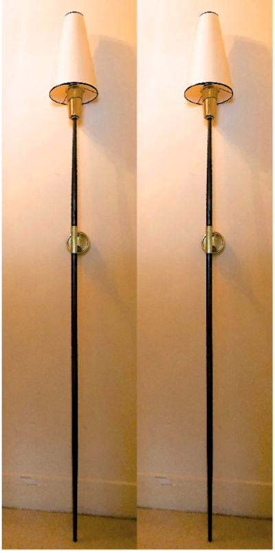 Italian stunning gold bronze and patinated iron pair of long torch sconces