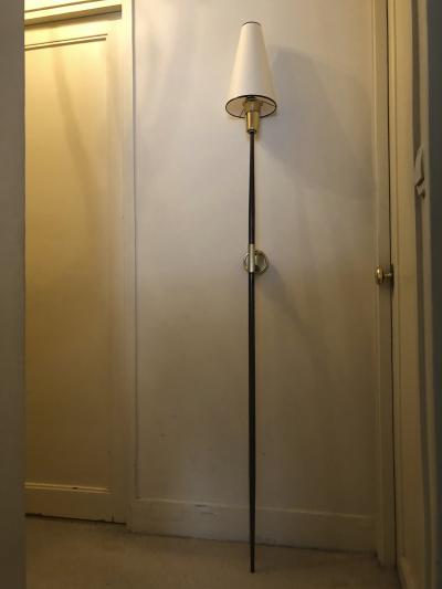Italian stunning gold bronze and patinated iron pair of long torch sconces
