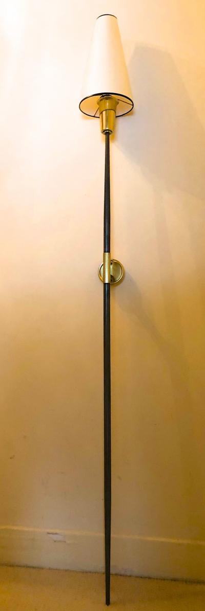 Italian stunning gold bronze and patinated iron pair of long torch sconces